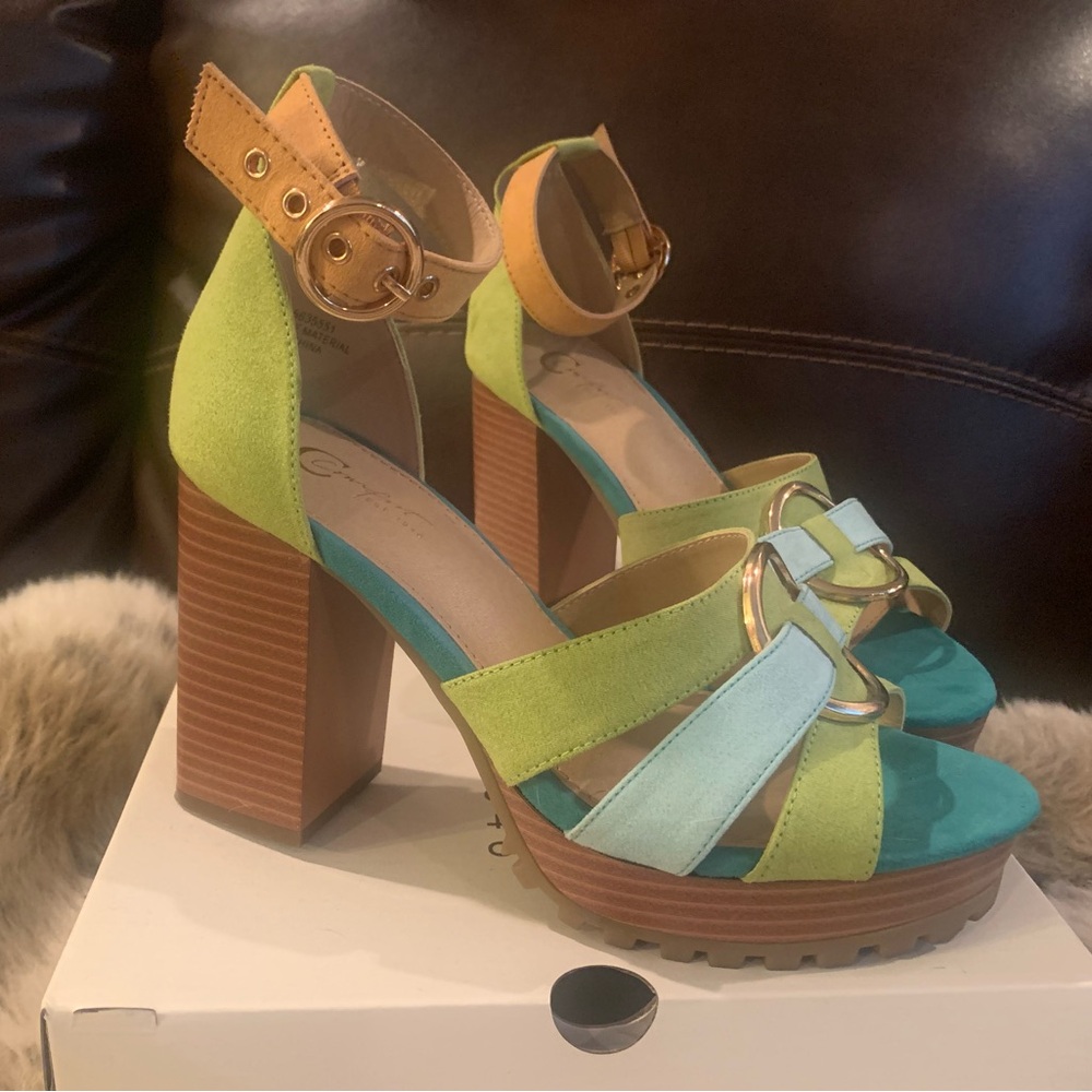 Dare to Wear…..Chic Green and Blue Block Heel Sandals